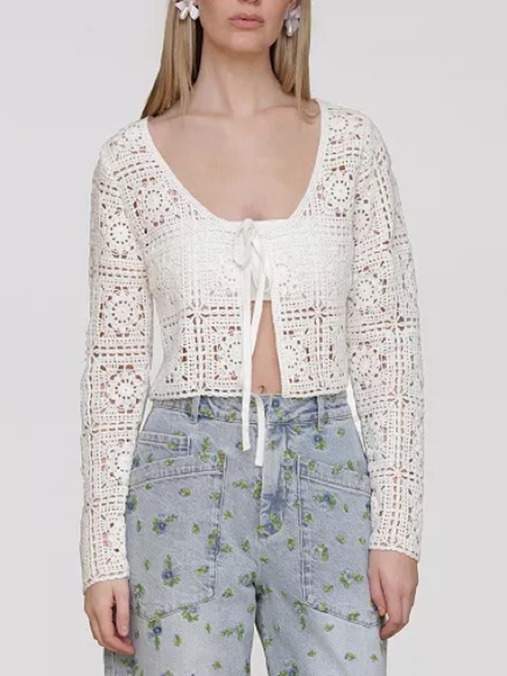Avec Les Filles Cotton Crochet Tie-Front Cardigan size M